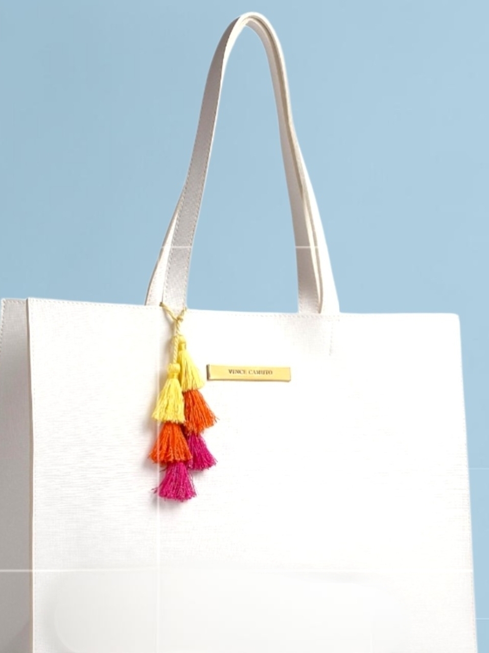 Vince Camuto White Tote with Yellow, Orange & Pink Tassel Charm!